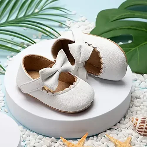 ohsofy Infant Baby Girls Mary Jane Flats Non-Slip Bowknot Princess Wedding Dress Shoes Toddler Crib Shoes - 6