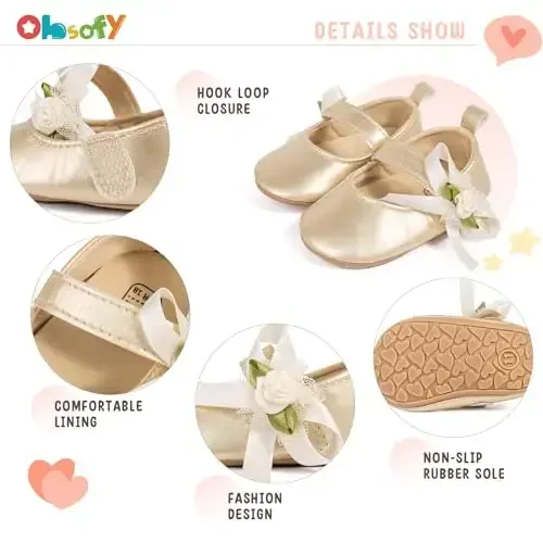 ohsofy Infant Baby Girls Mary Jane Flats Non-Slip Bowknot Princess Wedding Dress Shoes Toddler Crib Shoes - 5
