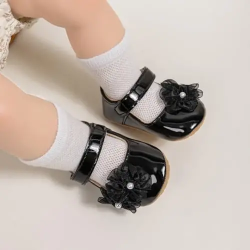 ohsofy Infant Baby Girls Mary Jane Flats Non-Slip Bowknot Princess Wedding Dress Shoes Toddler Crib Shoes - 2