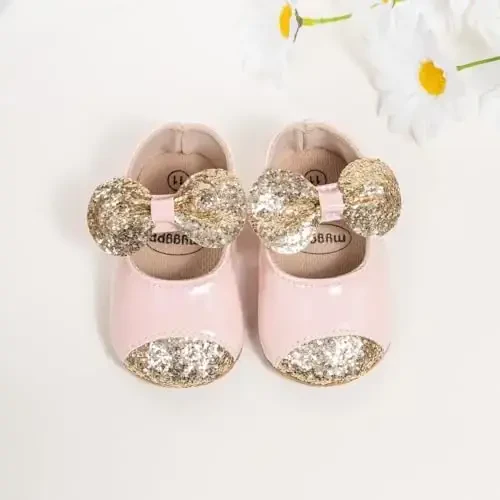 ohsofy Infant Baby Girls Mary Jane Flats Non-Slip Bowknot Princess Wedding Dress Shoes Toddler Crib Shoes - 6