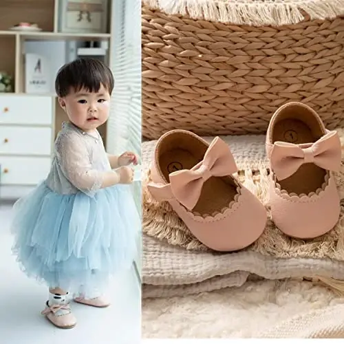 ohsofy Infant Baby Girls Mary Jane Flats Non-Slip Bowknot Princess To'y liboslari poyafzallari yosh bolalar uchun Krovat poyafzallari - 3