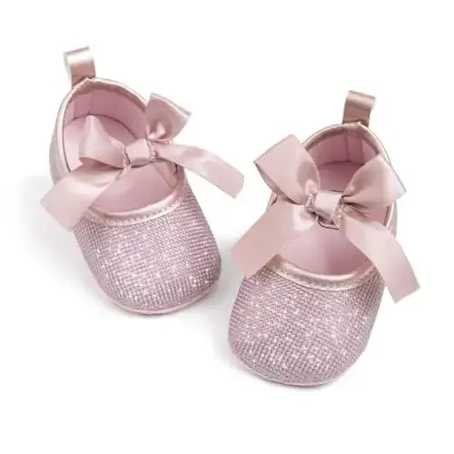 ohsofy Infant Baby Girls Mary Jane Flats Non-Slip Bowknot Princess Wedding Dress Shoes Toddler Crib Shoes - 1
