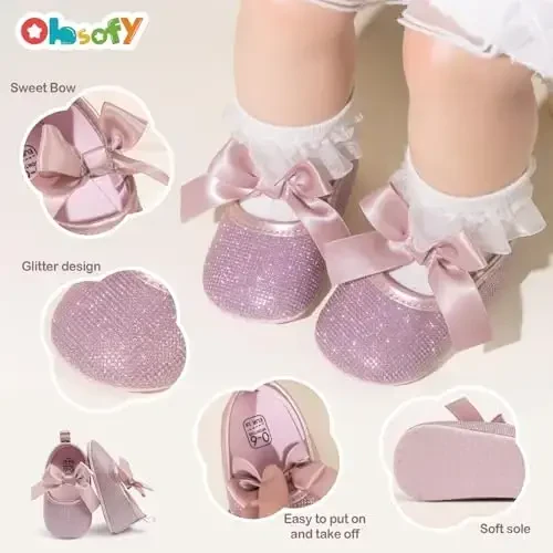 ohsofy Infant Baby Girls Mary Jane Flats Non-Slip Bowknot Princess Wedding Dress Shoes Toddler Crib Shoes - 3