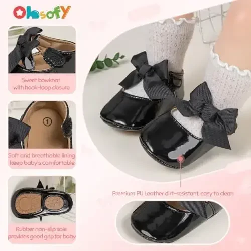 ohsofy Infant Baby Girls Mary Jane Flats Non-Slip Bowknot Princess Wedding Dress Shoes Toddler Crib Shoes - 5