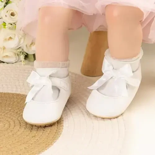 ohsofy Infant Baby Girls Mary Jane Flats Non-Slip Bowknot Princess Wedding Dress Shoes Toddler Crib Shoes - 3