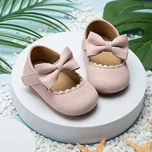 ohsofy Infant Baby Girls Mary Jane Flats Non-Slip Bowknot Princess Wedding Dress Shoes Toddler Crib Shoes - 6