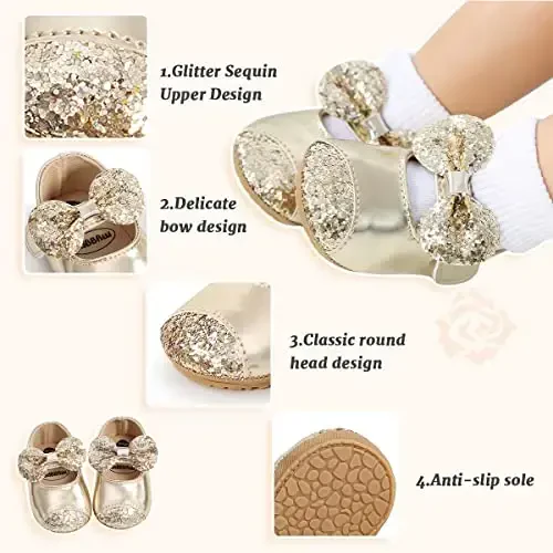 ohsofy Infant Baby Girls Mary Jane Flats Non-Slip Bowknot Princess Wedding Dress Shoes Toddler Crib Shoes - 4