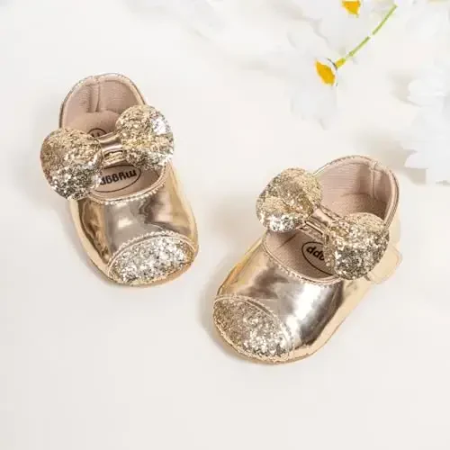 ohsofy Infant Baby Girls Mary Jane Flats Non-Slip Bowknot Princess Wedding Dress Shoes Toddler Crib Shoes - 6