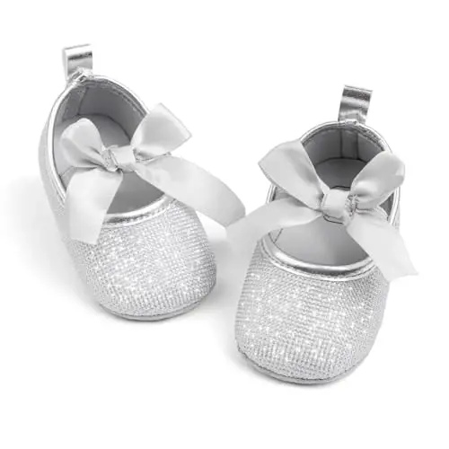ohsofy Infant Baby Girls Mary Jane Flats Non-Slip Bowknot Princess Wedding Dress Shoes Toddler Crib Shoes 