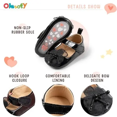 ohsofy Infant Baby Girls Mary Jane Flats Sirpanmaydigan Bowknot Princess To'y liboslari Poyabzal Toddler Crib Poyafzallari - 5