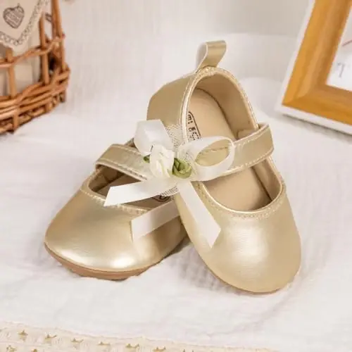 ohsofy Infant Baby Girls Mary Jane Flats Sirpanmaydigan Bowknot Princess To'y liboslari Poyabzallari Go'dak karavoti poyabzallari - 4