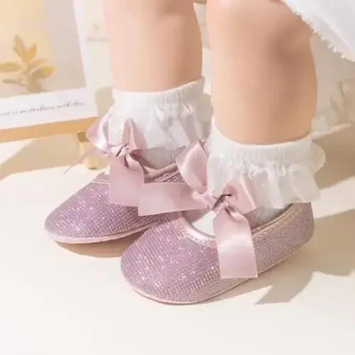 ohsofy Infant Baby Girls Mary Jane Flats Sirpanmaydigan Bowknot Princess To'y Liboslari Poyabzallari Kichkintoy Beshik Poyabzallari - 2