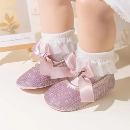 ohsofy Infant Baby Girls Mary Jane Flats Sirpanmaydigan Bowknot Princess To'y Liboslari Poyabzallari Kichkintoy Beshik Poyabzallari - 2