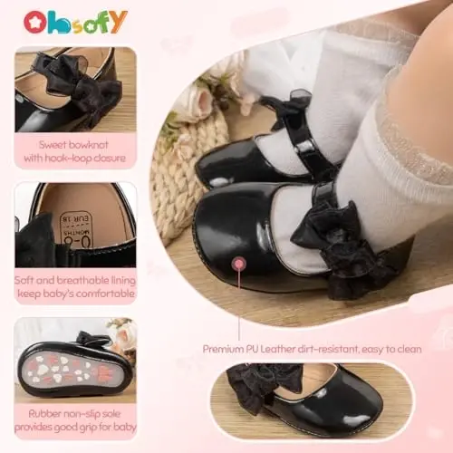 ohsofy Infant Baby Girls Mary Jane Flats Sirpanmaydigan Bowknot Princess To'y Liboslari Poyafzali Go'dak Beshik Poyafzallari - 5