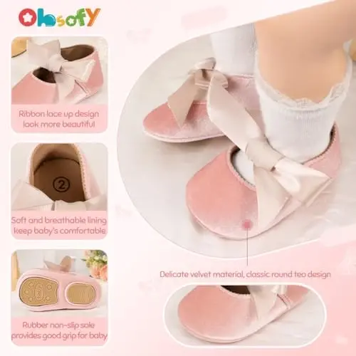Ohsofy Infant Baby Girls Mary Jane Flats Sirpanmaydigan Bowknot Princess To'y Liboslari Poyafzali Go'dak Karavoti Poyafzallari - 5