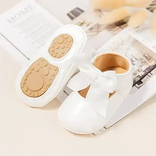 ohsofy Infant Baby Girls Mary Jane Flats Sirpanmaydigan Bowknot Princess To'y Liboslari Poyafzali Toddler Crib Poyafzallari - 3