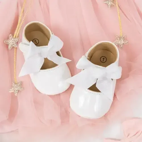 ohsofy Infant Baby Girls Mary Jane Flats Sirpanmaydigan Bowknot Princess To'y Liboslari Poyafzali Toddler Crib Poyafzallari - 4