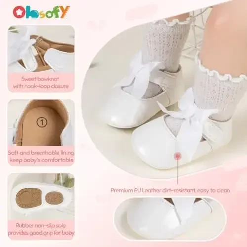ohsofy Infant Baby Girls Mary Jane Flats Sirpanmaydigan Bowknot Princess To'y Liboslari Poyafzali Toddler Crib Poyafzallari - 5