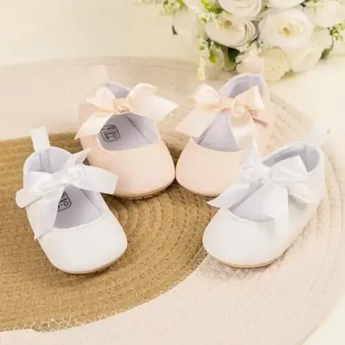 ohsofy Infant Baby Girls Mary Jane Flats Sirpanmaydigan Bowknot Princess To'y Liboslari Poyafzali Toddler Crib Poyafzallari - 2