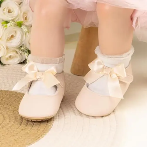 ohsofy Infant Baby Girls Mary Jane Flats Sirpanmaydigan Bowknot Princess To'y Liboslari Poyafzali Toddler Crib Poyafzallari - 3