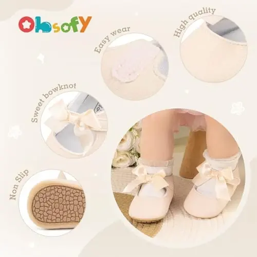ohsofy Infant Baby Girls Mary Jane Flats Sirpanmaydigan Bowknot Princess To'y Liboslari Poyafzali Toddler Crib Poyafzallari - 5