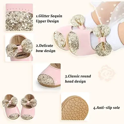 ohsofy Infant Baby Girls Mary Jane Flats Sirpanmaydigan Bowknot Princess To'y Liboslari Poyafzallari Go'dak Krovat Poyafzallari - 4