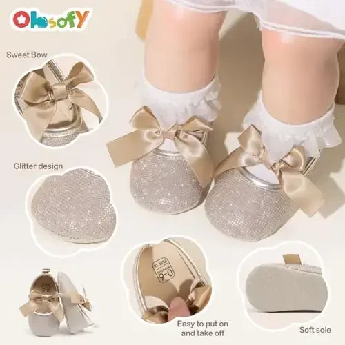 ohsofy Infant Baby Girls Mary Jane Flats Sirpanmaydigan Bowknot Princess To'y Liboslari Poyafzallari Go'dak Krovat Poyafzallari - 3