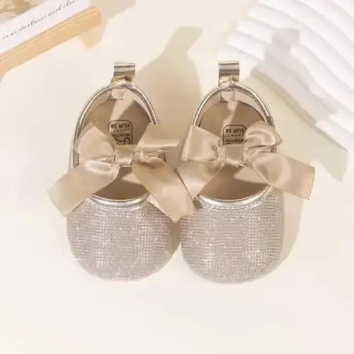 ohsofy Infant Baby Girls Mary Jane Flats Sirpanmaydigan Bowknot Princess To'y Liboslari Poyafzallari Go'dak Krovat Poyafzallari - 4