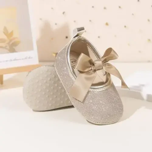 ohsofy Infant Baby Girls Mary Jane Flats Sirpanmaydigan Bowknot Princess To'y Liboslari Poyafzallari Go'dak Krovat Poyafzallari - 5
