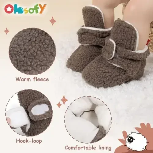 ohsofy Newborn Baby Cotton Booties Stay On Slipper Winter Warm Soft Shoes Non-Skid Infant Ankle Boots Crib Shoes - 5