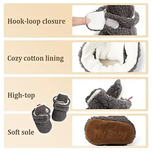 ohsofy Newborn Baby Cotton Booties Stay On Slipper Winter Warm Soft Shoes Non-Skid Infant Ankle Boots Crib Shoes - 4