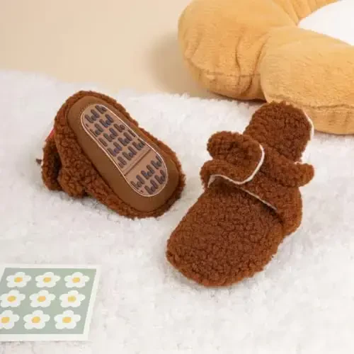 ohsofy Newborn Baby Cotton Booties Stay On Slipper Winter Warm Soft Shoes Non-Skid Infant Ankle Boots Crib Shoes - 4