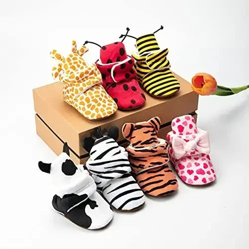 ohsofy Newborn Baby Cotton Booties Stay On Slipper Winter Warm Soft Shoes Non-Skid Infant Ankle Boots Crib Shoes - 2