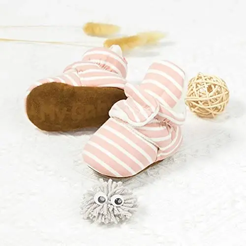 ohsofy Newborn Baby Cotton Booties Stay On Slipper Winter Warm Soft Shoes Non-Skid Infant Ankle Boots Crib Shoes - 5