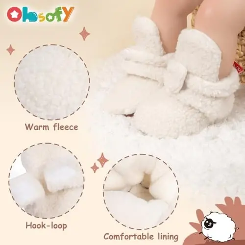 ohsofy Newborn Baby Cotton Booties Stay On Slipper Winter Warm Soft Shoes Non-Skid Infant Ankle Boots Crib Shoes - 5