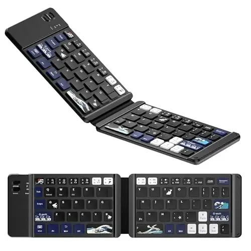 OHY XVX WK60 iPad, iPhone, MacBook, Android va Windows uchun buklanadigan Bluetooth klaviaturasi, yapon Kanagava to'lqini san'at dizayni, Bluetooth 5.0 va 20 soatlik batareyaga ega ultra-portativ simsiz klaviatura - Qora - 1