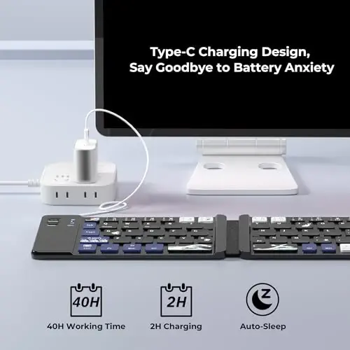 OHY XVX WK60 iPad, iPhone, MacBook, Android va Windows uchun buklanadigan Bluetooth klaviaturasi, yapon Kanagava to'lqini san'at dizayni, Bluetooth 5.0 va 20 soatlik batareyaga ega ultra-portativ simsiz klaviatura - Qora - 5