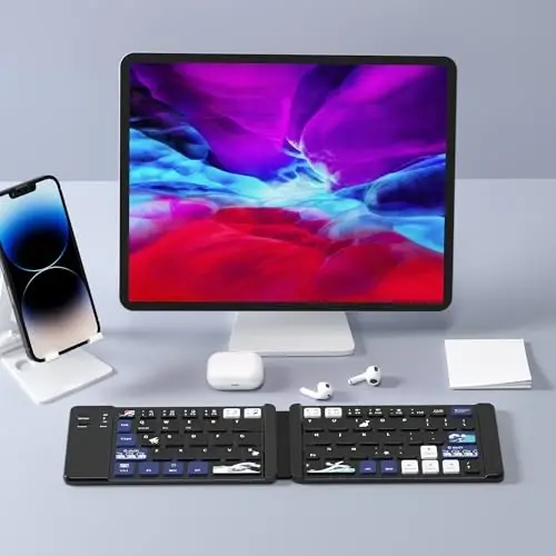 OHY XVX WK60 Foldable Bluetooth Keyboard for iPad, iPhone, MacBook, Android & Windows, Japanese Kanagawa Wave Art Design,Ultra-Portable Wireless Keyboard with Bluetooth 5.0 & 20H Battery - Black - 4