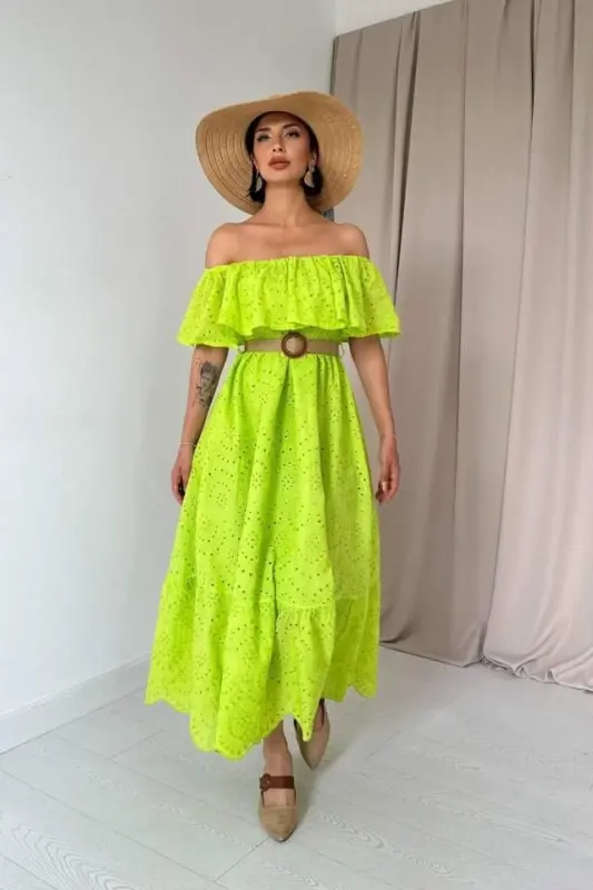 Oil Green Smocked Dress - BÜYÜKBEDENIZ