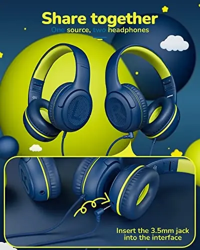 awatrue Kids Headphones for School Travel, 85/94dB Safe Volume Limit, 3.5mm Jack, HD Mic, Portable Wired Headphone with Shareport, Stereo Sound On-Ear Headphones for Toddler Kids Girls Boys Bluegreen 
