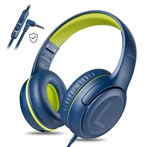 awatrue Kids Headphones for School Travel, 85/94dB Safe Volume Limit, 3.5mm Jack, HD Mic, Portable Wired Headphone with Shareport, Stereo Sound On-Ear Headphones for Toddler Kids Girls Boys Bluegreen - AWATRUE (1)