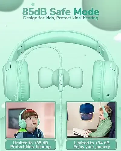 awatrue Kids Headphones for School Toddler Wired with Microphone Plug in Bulk Boys Headset Girls 3+ Year Old Green - 3