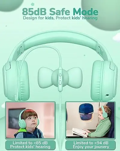 awatrue Kids Headphones for School Toddler Wired with Microphone Plug in Bulk Boys Headset Girls 3+ Year Old Green - 3