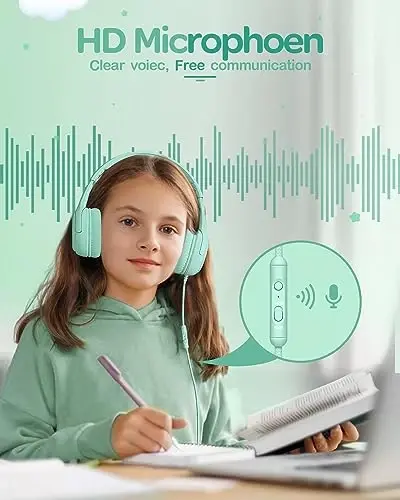 awatrue Kids Headphones for School Toddler Wired with Microphone Plug in Bulk Boys Headset Girls 3+ Year Old Green - 6