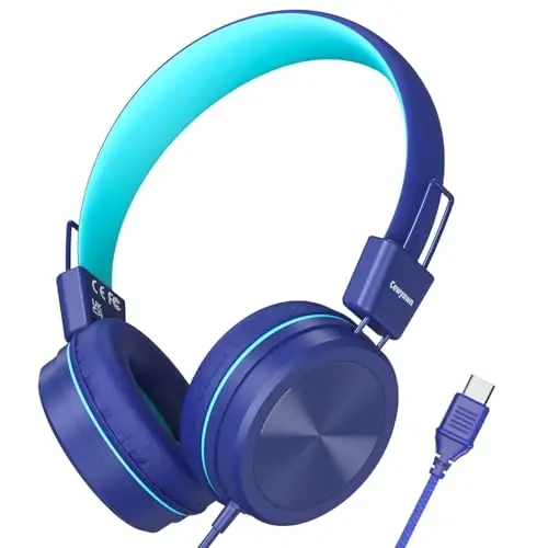 Cowyawn USB Type C Kids Headphones for School, 94dB Volume Limited, Kids Headphones with USB C Cord, HD Stereo Sound, Foldable Lightweight On-Ear USB-C Wired Headphones for Boys/Girls, Dark Blue - 1