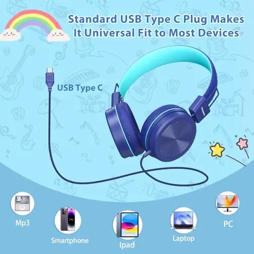 Cowyawn USB Type C Kids Headphones for School, 94dB Volume Limited, Kids Headphones with USB C Cord, HD Stereo Sound, Foldable Lightweight On-Ear USB-C Wired Headphones for Boys/Girls, Dark Blue - 3