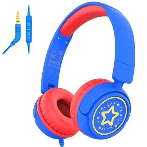 IMYB Kids Headphones with Cord for School, 85/94dB Volume Limit Headphones for Kids, Portable Wired Headphone with Shareport, Stereo Sound Foldable Headset for School/Tablet/iPad/Kindle (Blue) - 1