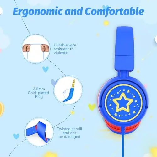 IMYB Kids Headphones with Cord for School, 85/94dB Volume Limit Headphones for Kids, Portable Wired Headphone with Shareport, Stereo Sound Foldable Headset for School/Tablet/iPad/Kindle (Blue) - 4