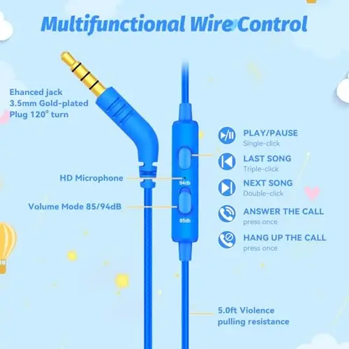 IMYB Kids Headphones with Cord for School, 85/94dB Volume Limit Headphones for Kids, Portable Wired Headphone with Shareport, Stereo Sound Foldable Headset for School/Tablet/iPad/Kindle (Blue) - 6