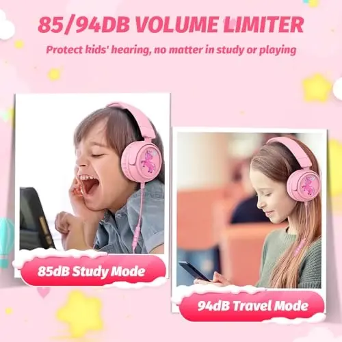 IMYB Kids Headphones with Cord for School, 85/94dB Volume Limit Headphones for Kids, Portable Wired Headphone with Shareport, Stereo Sound Foldable Headset for School/Tablet/iPad/Kindle (Pink) - 2